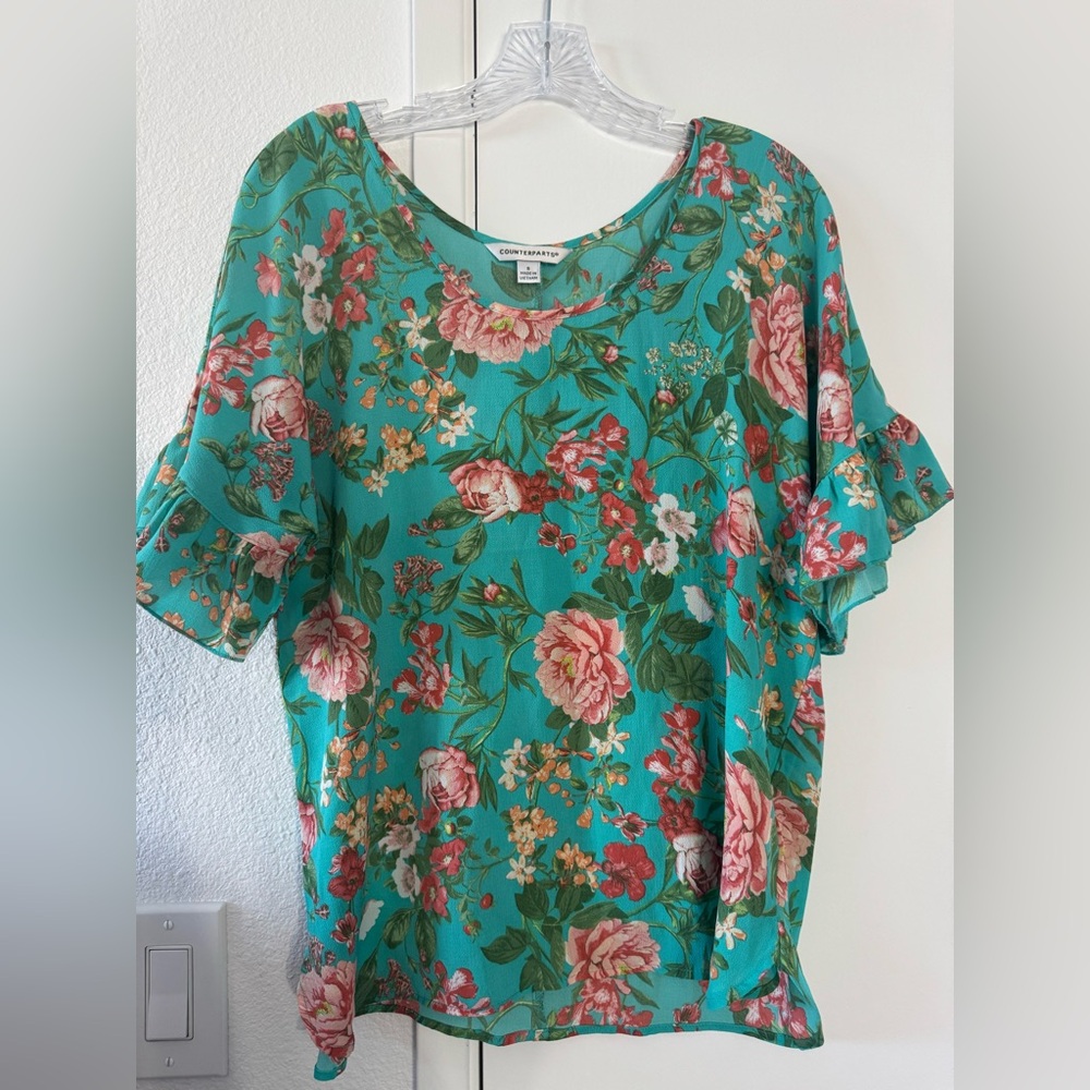 Beautiful Teal Floral Ruffle-Sleeve Blouse